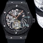 Swiss Replica Hublot Classic Fusion Skeleton Dial Full Diamond Tourbillon Watch 45mm